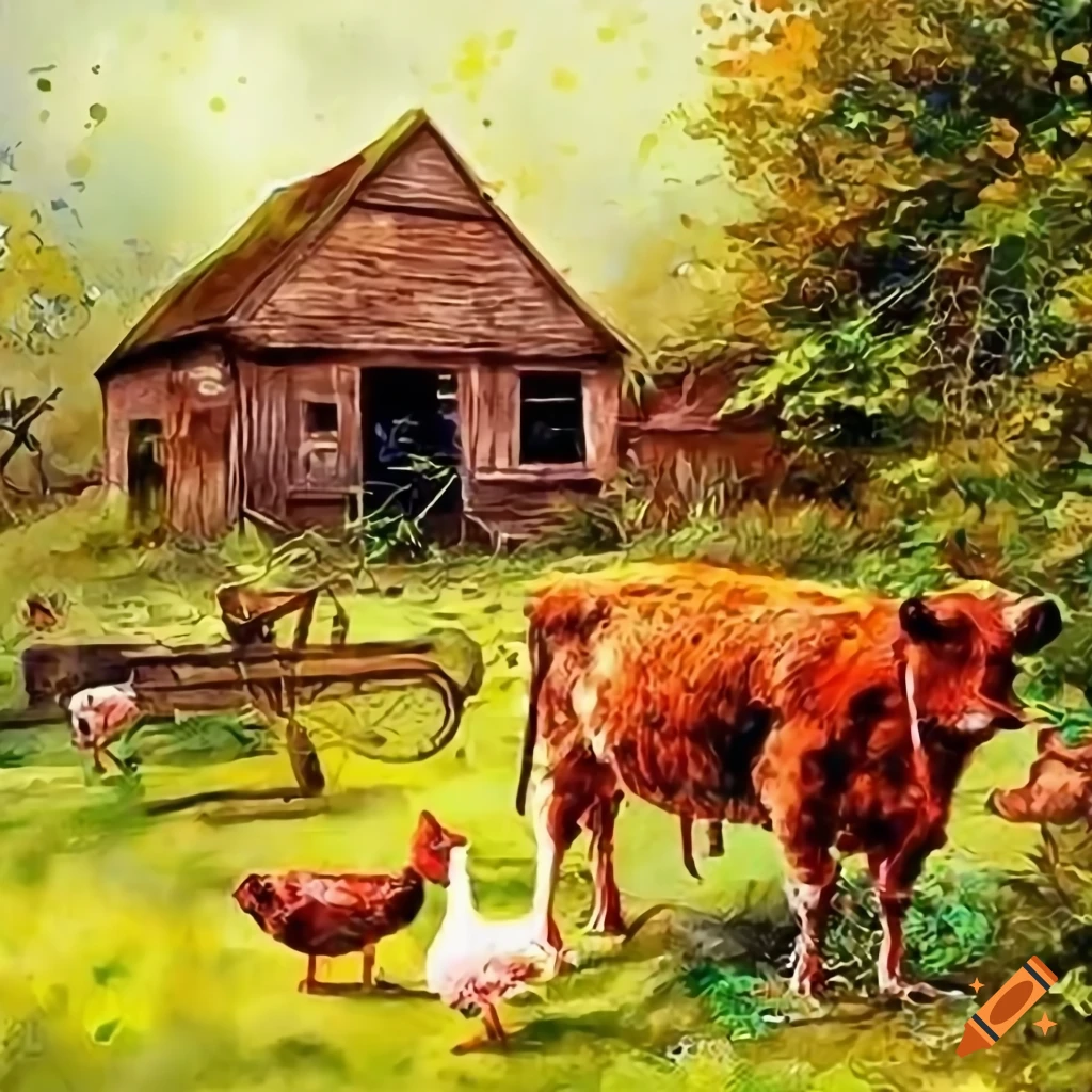 Digital watercolor painting, old farm, old country tools, pitchfork