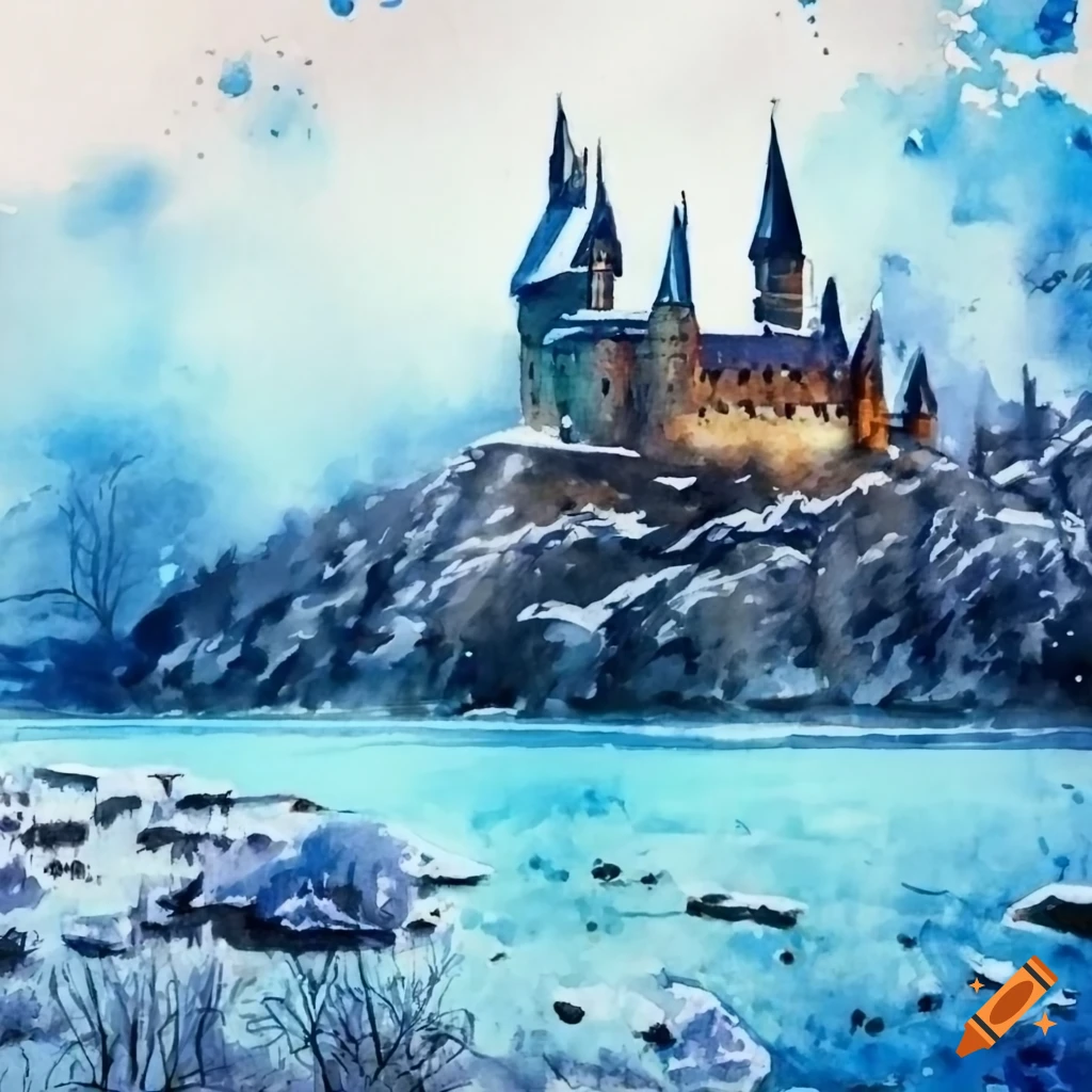 Hogwarts castle with a forest and lake in the winter watercolor on Craiyon