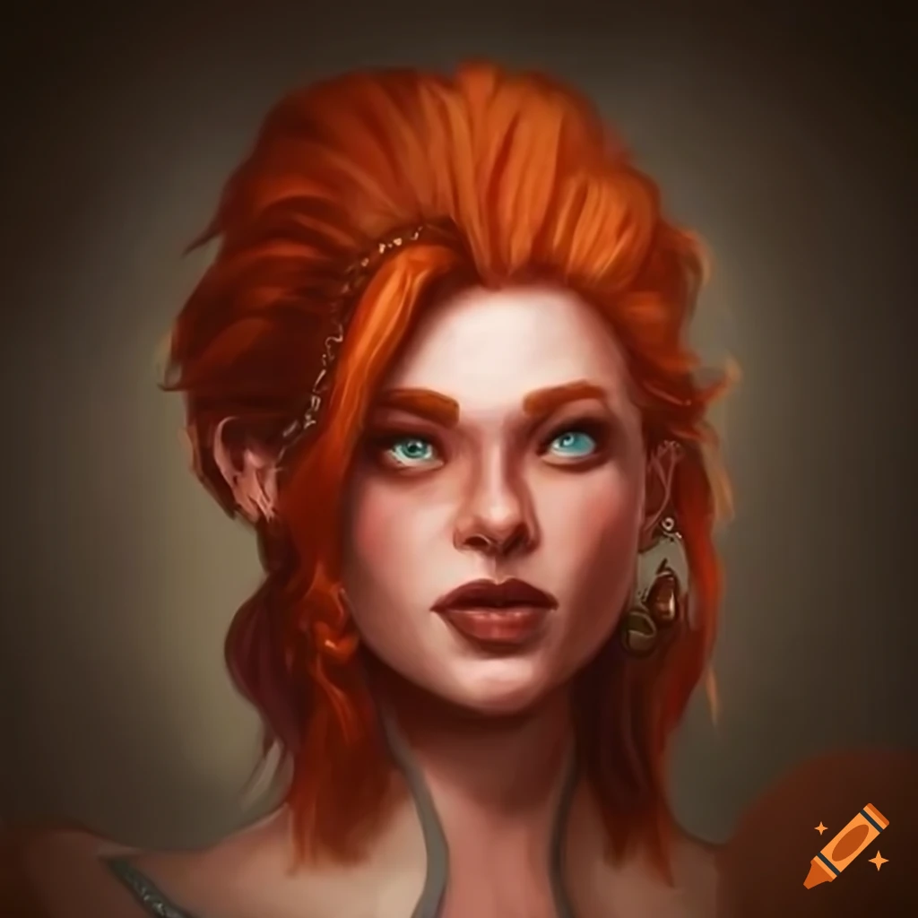 Portrait of a fantasy female redhead dwarf tavern