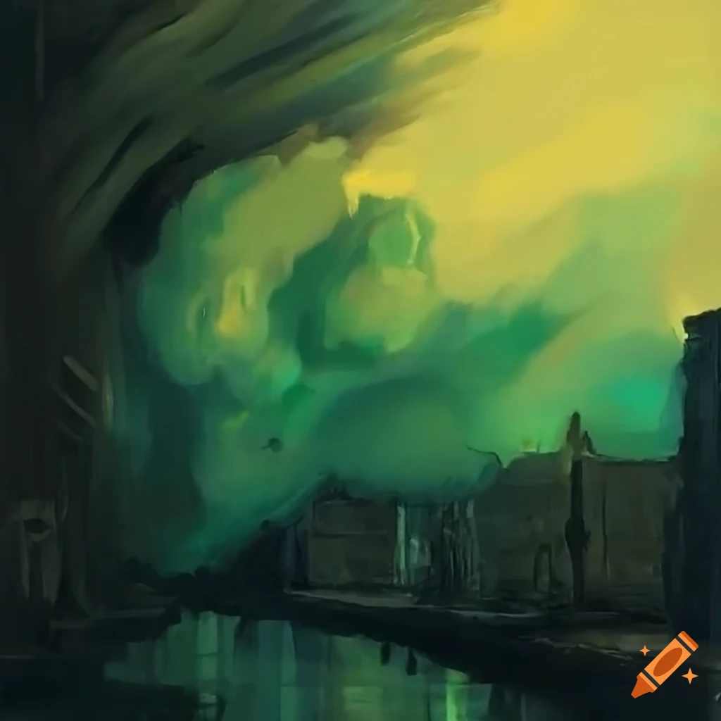 green toxic stink clouds in a sewer, painting