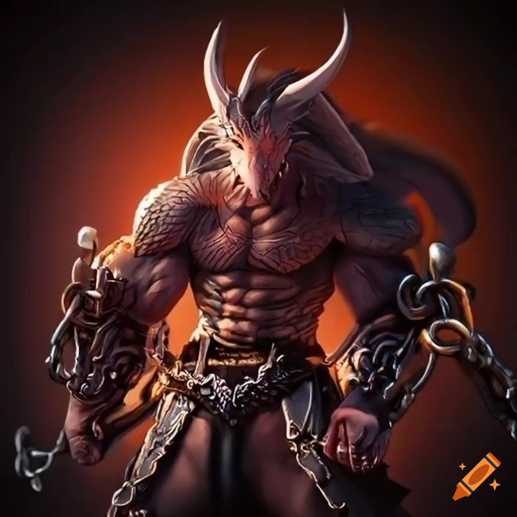 Warrior dragon with a chain around his neck, anime style
