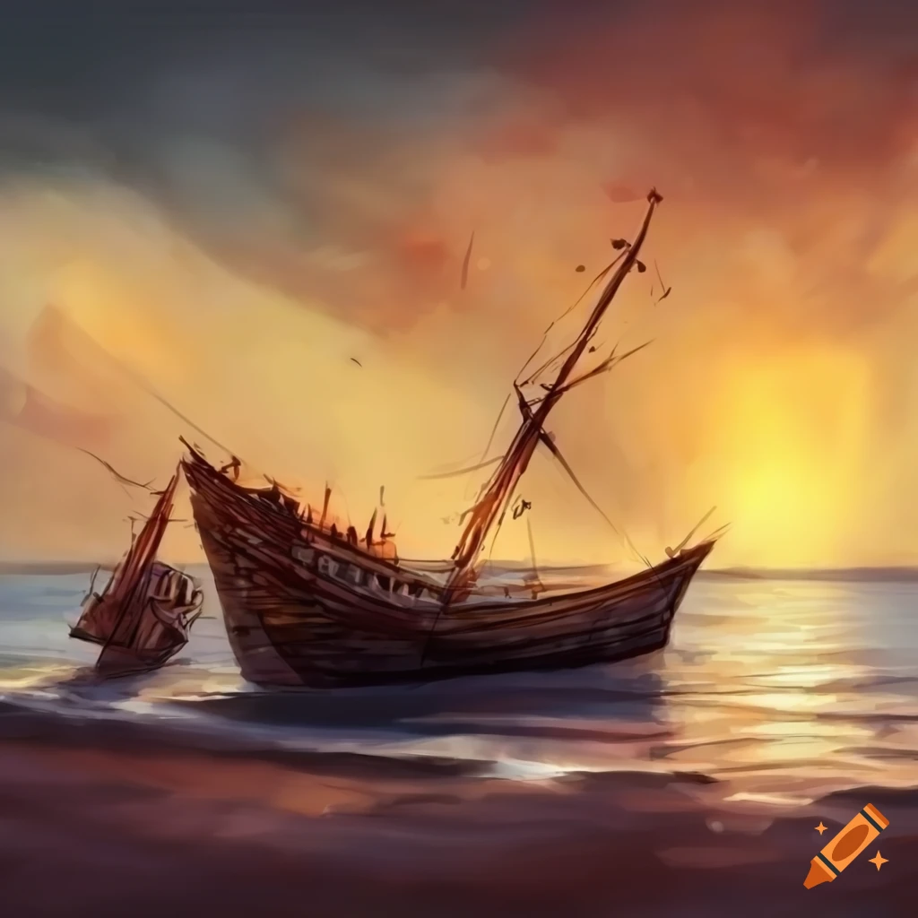 A shipwrecked boat on a beach, fantasy art