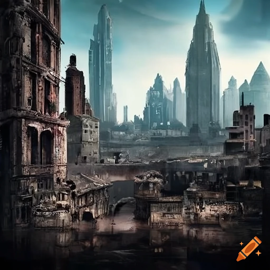 Post-apocalyptic cityscape with a roman-inspired waterfront district