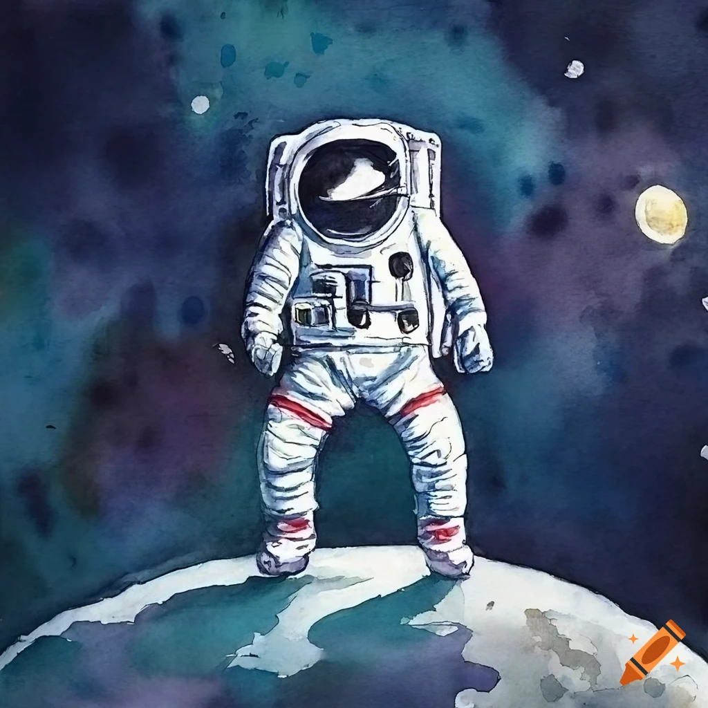 astronaut walking on moon, watercolor T.W.Schaller