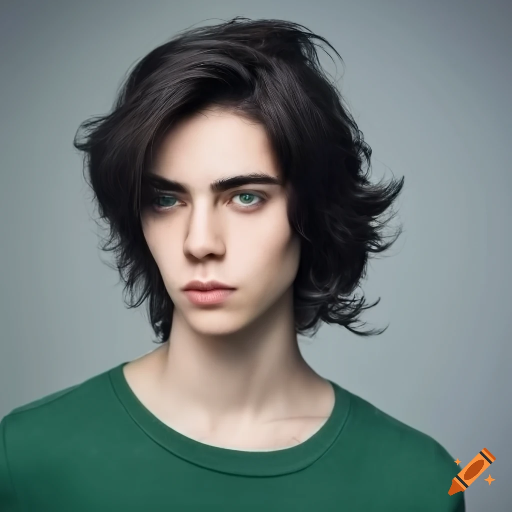 Young man with shoulder length wavy black hair and green eyes on Craiyon