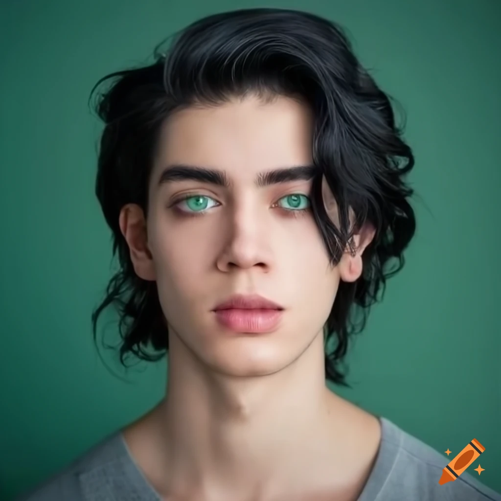 Young man with shoulder length wavy black hair and green eyes
