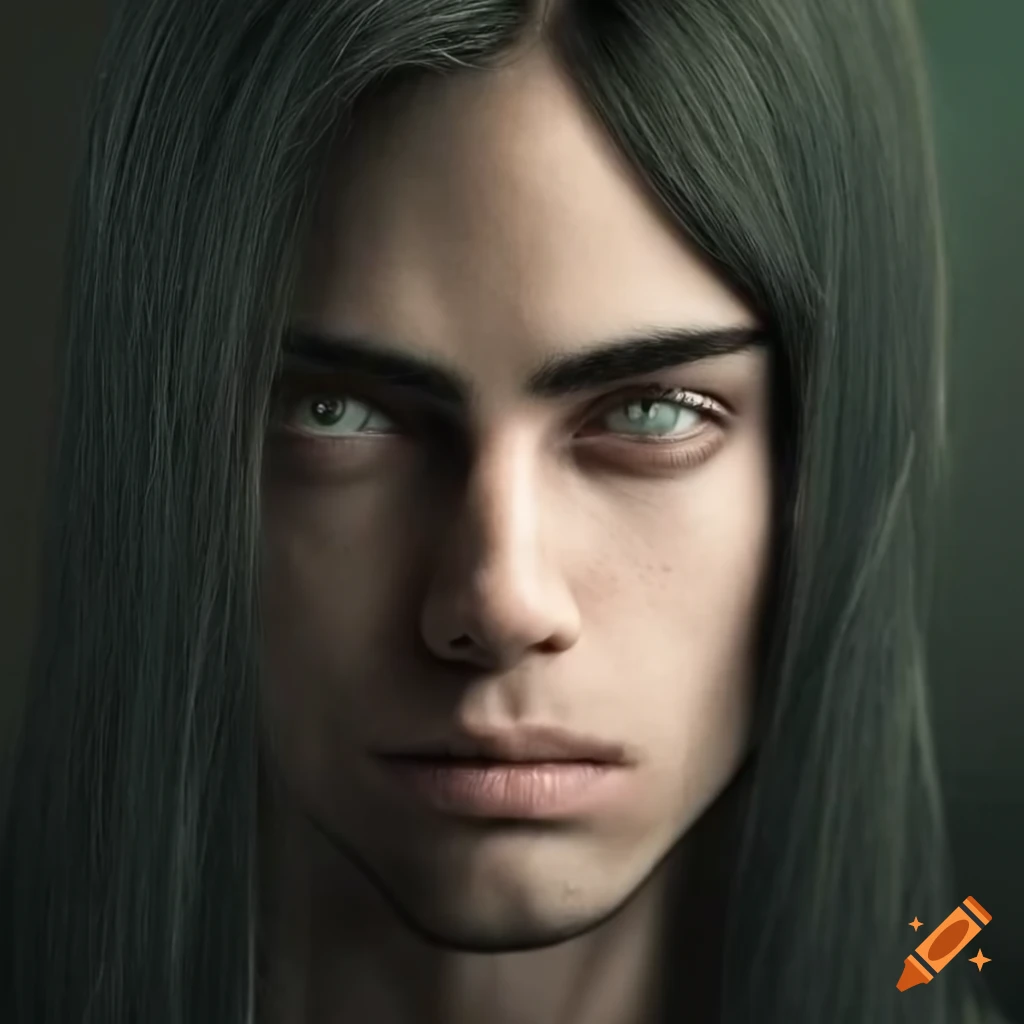 A handsome man with long black hair and green eyes