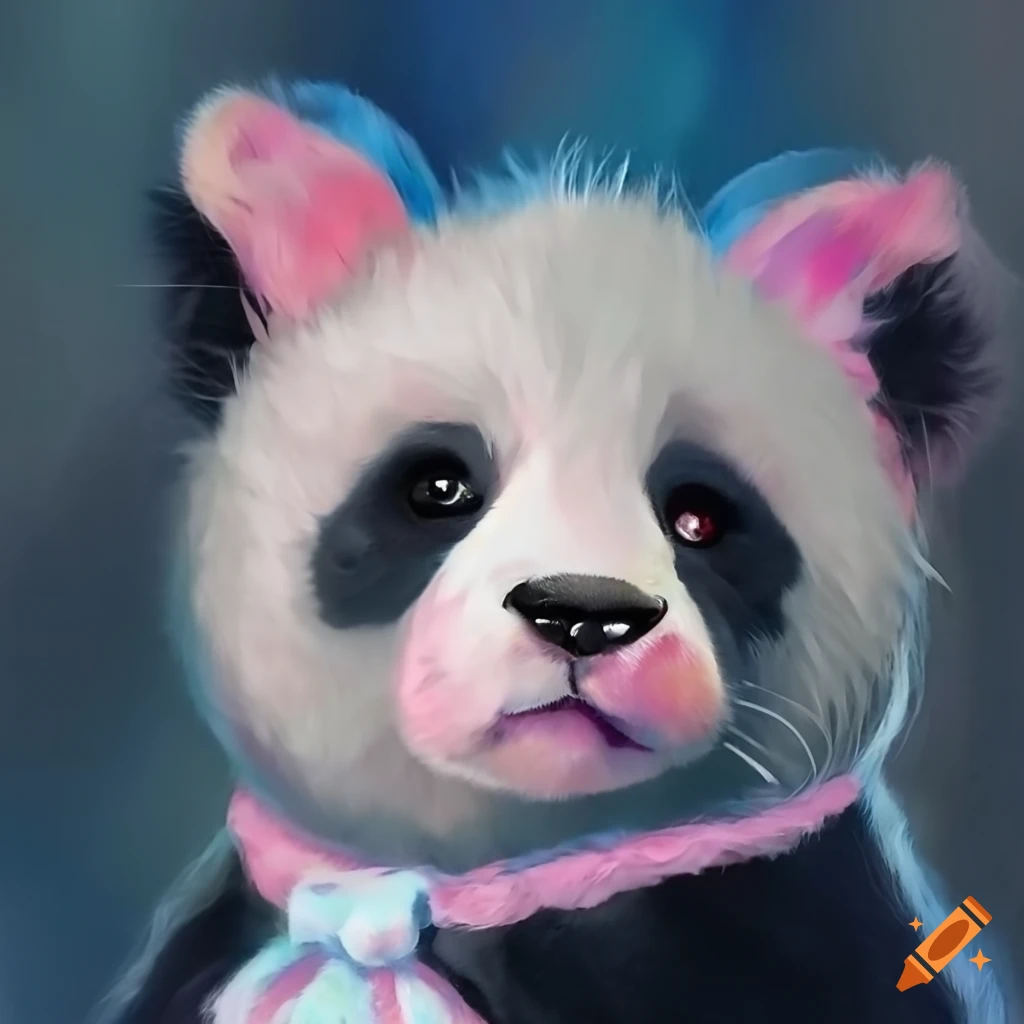 Light pink and bright blue panda teddybear with bear ears inside cat ears