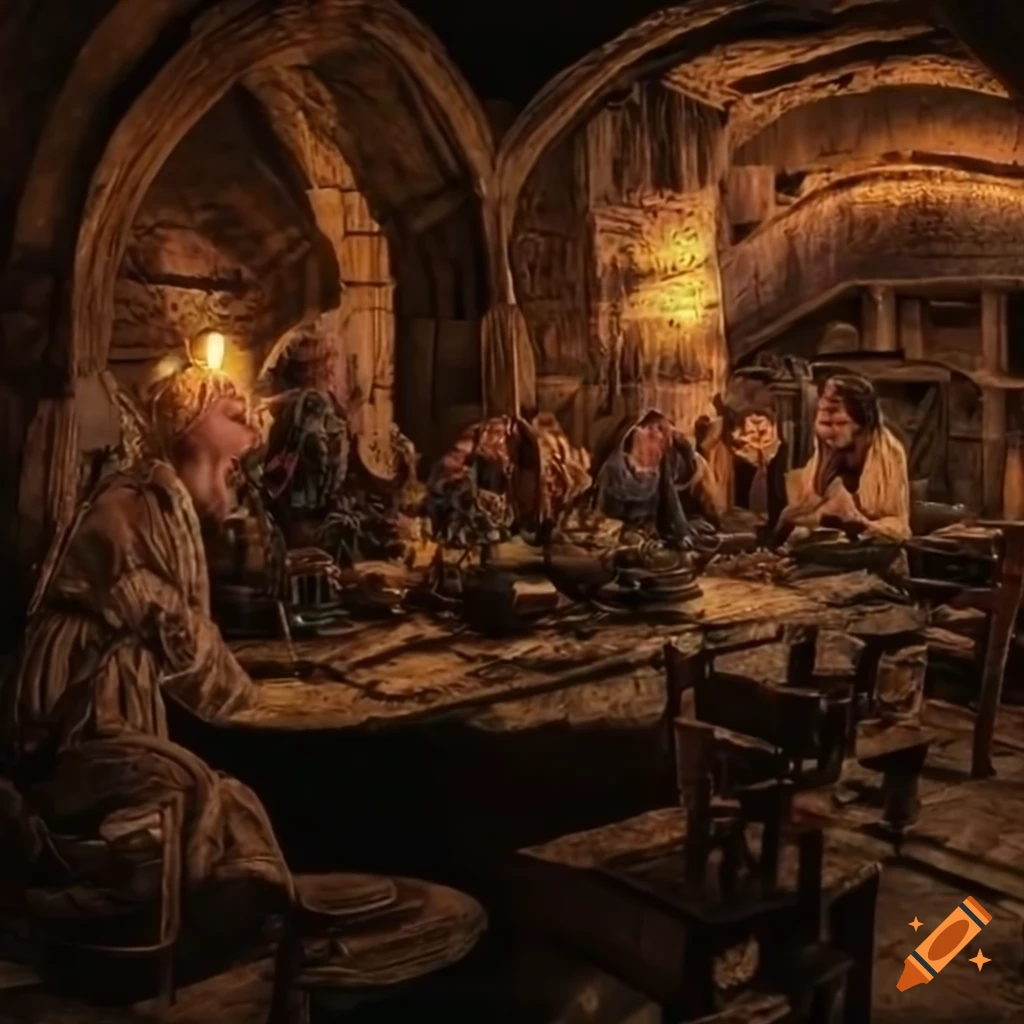 Lotr dnd thème medieval tavern filled with people photorealistic