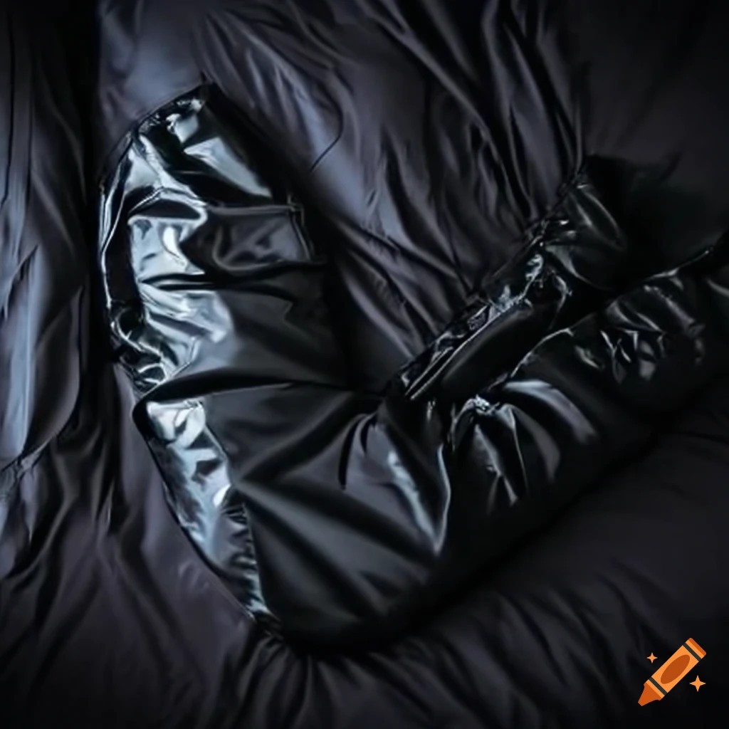 Shiny black ski pants laying on white bed on Craiyon