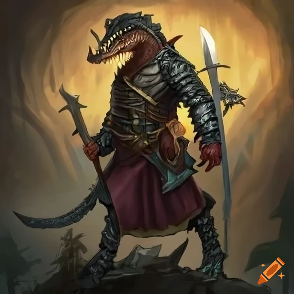 Epic artwork of a silver dragonborn pirate with alligator features and ...