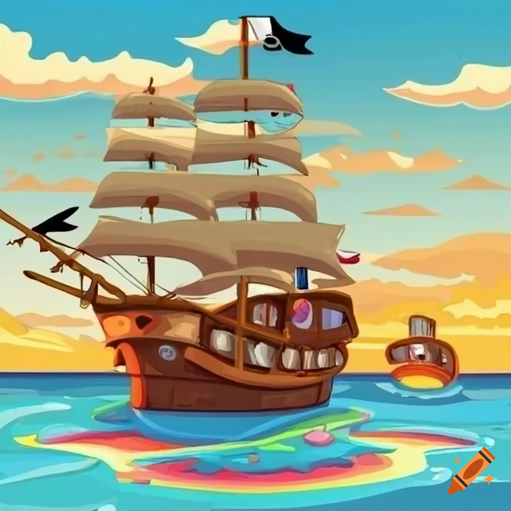 A detailed pirate ship leaving an island in a sunny day. Disney cartoon style