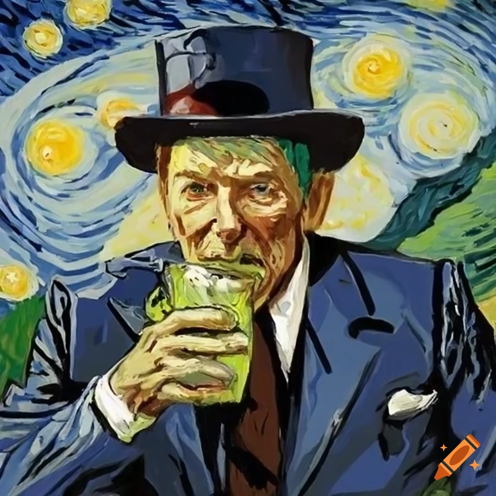 Ronald reagan with top hat drinking tea, van gogh's starry night