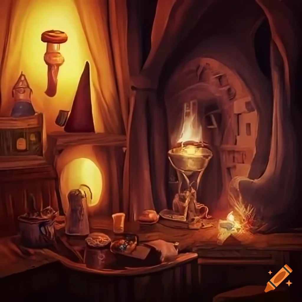 Indoor in witch's house with magic potion without witch