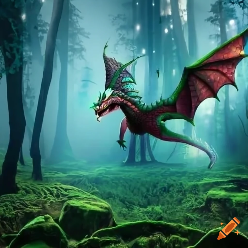 Magical forest with flying dragon on Craiyon