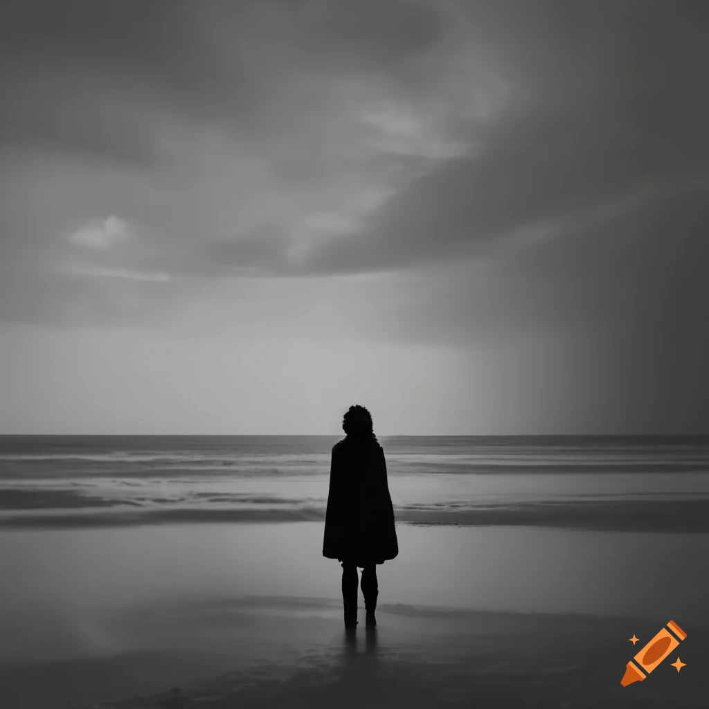 From a high perspective, looking down from far away the silhouette of a  girl, alone on an empty landscape, negative space, dark, backlighting,  beach, clouds, impact sky on Craiyon