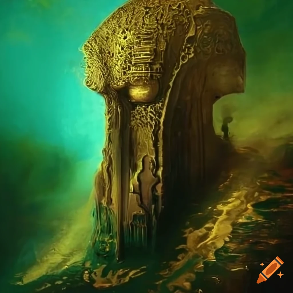 Vanaheim rendered in green and gold painted by beksinski