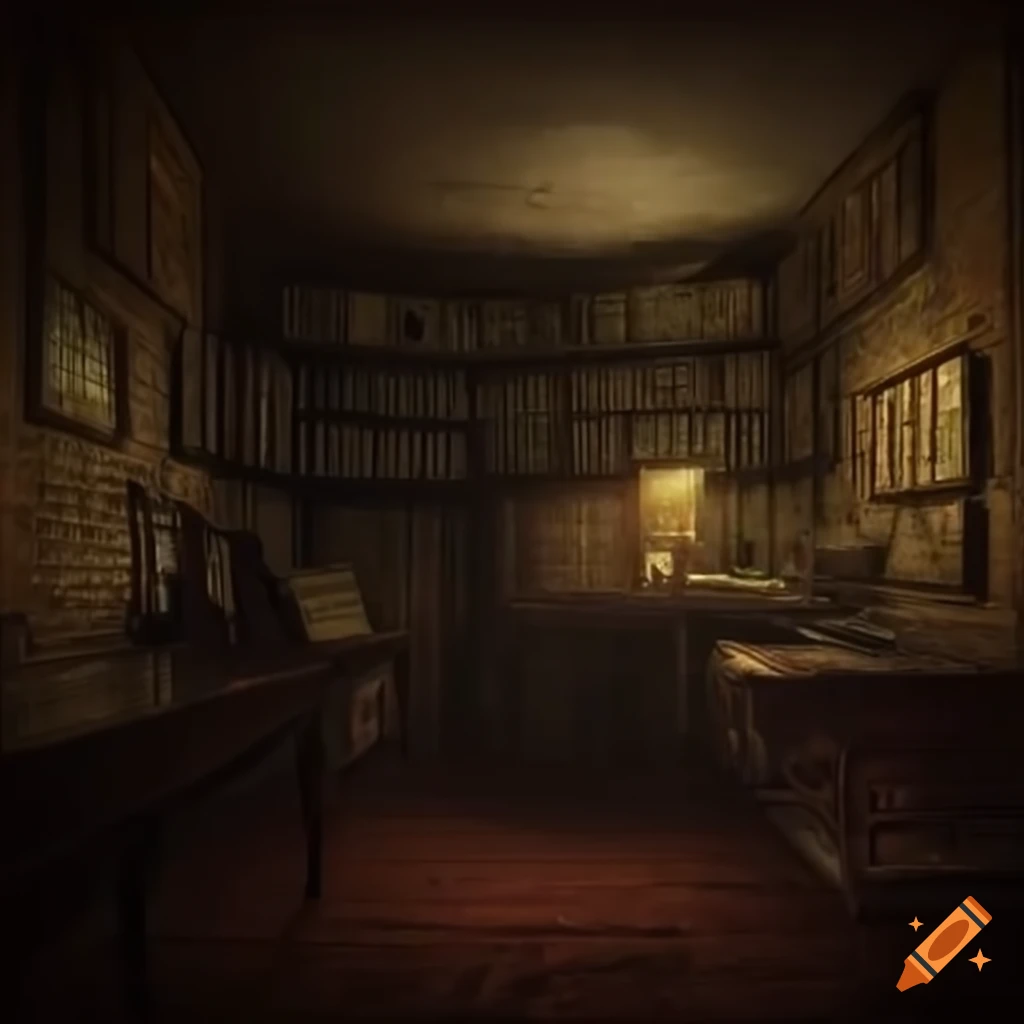 A haunted study room with eerie architecture in a horror game on Craiyon
