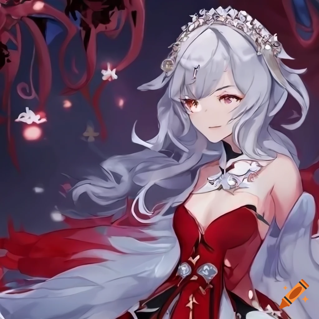 red dress silver hair anime Anime Genshin art style white Grey hair girl wearing diamond crown in red  dress on Craiyon