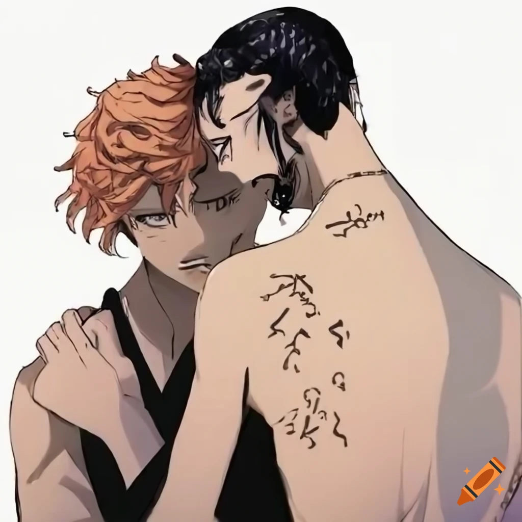Have Hanma Shuji, character from tokyo revengers, hugging another person who is a pretty woman with black hair and fair skin