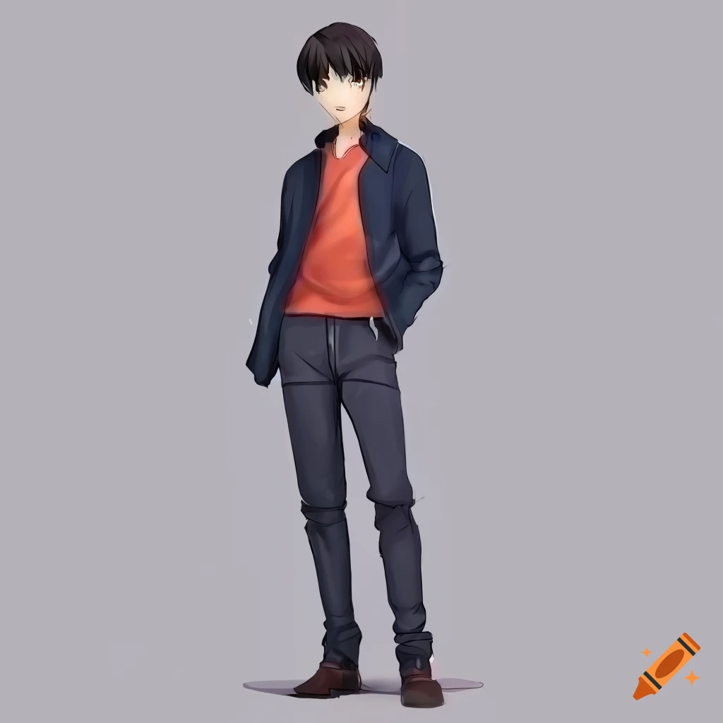 Anime male character with casual outfit, standing confidently in a school  setting full body figure on Craiyon
