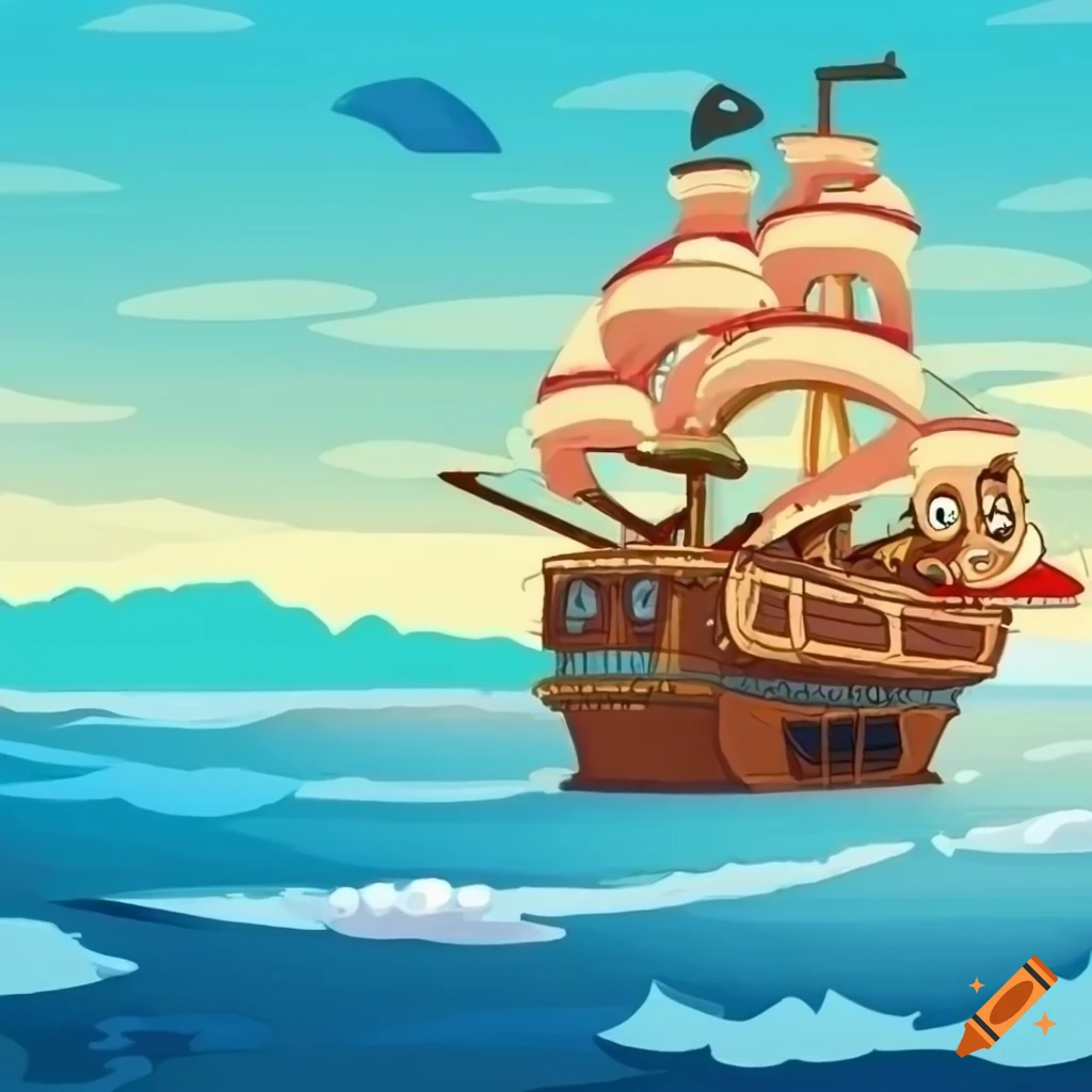 A pirate ship leaving an iland in a sunny day. Top down view. Disney ...