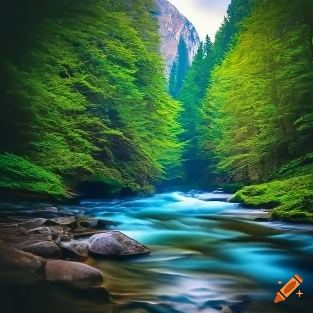 A breathtaking view of a majestic forested ravine with a river on Craiyon