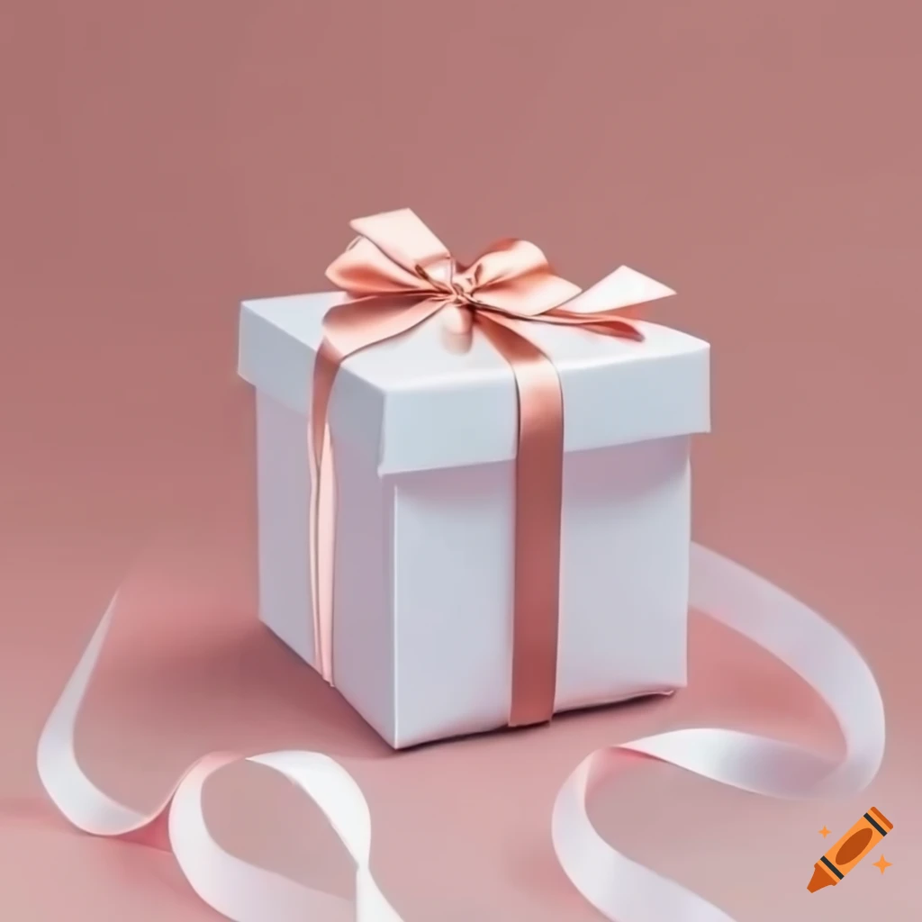 White Gift Box With Rose Gold Ribbon With Metallic Christmas Ball