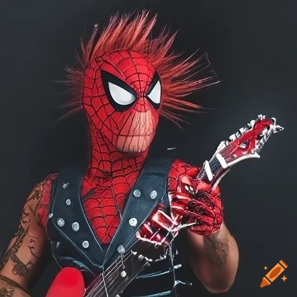 Spiked hair spider punk spiderman mask wearing vest playing guitar on  Craiyon