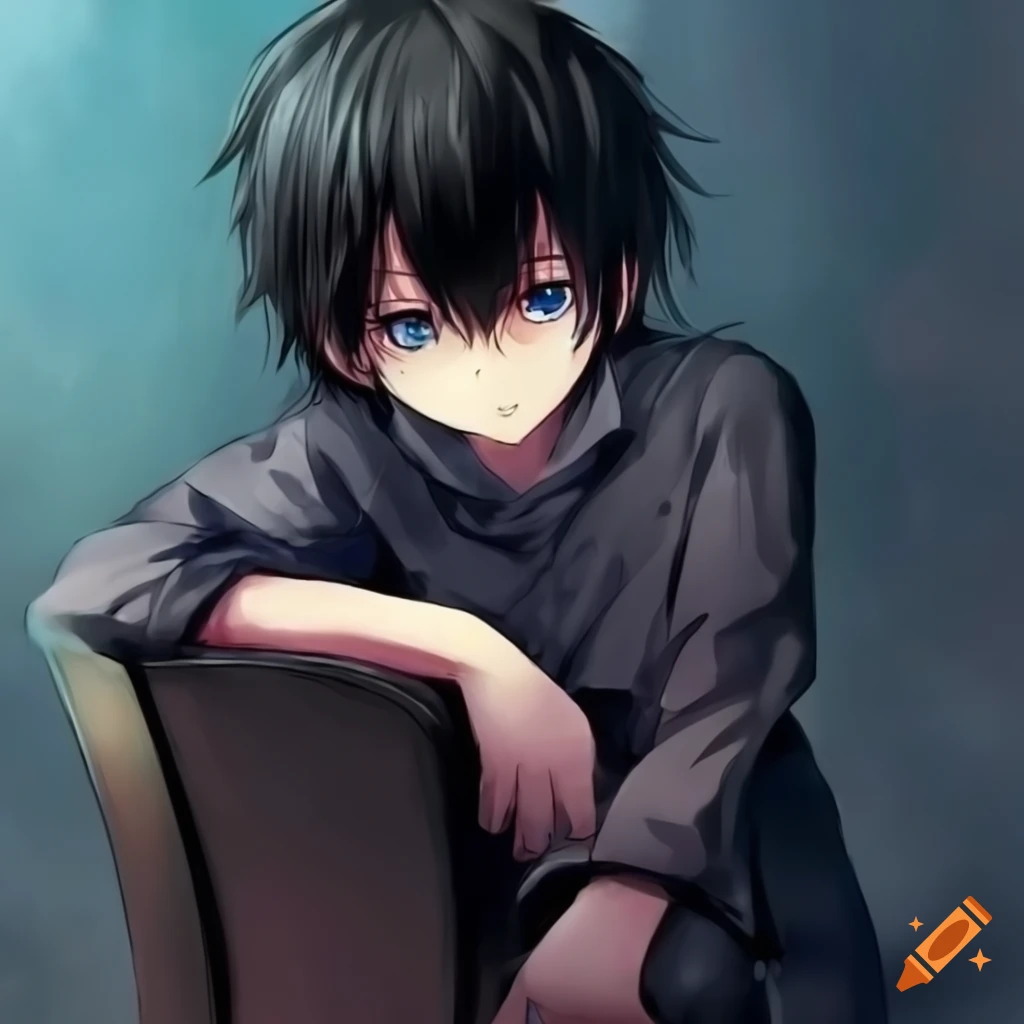 anime boy with blue eyes and black hair staring at the camera