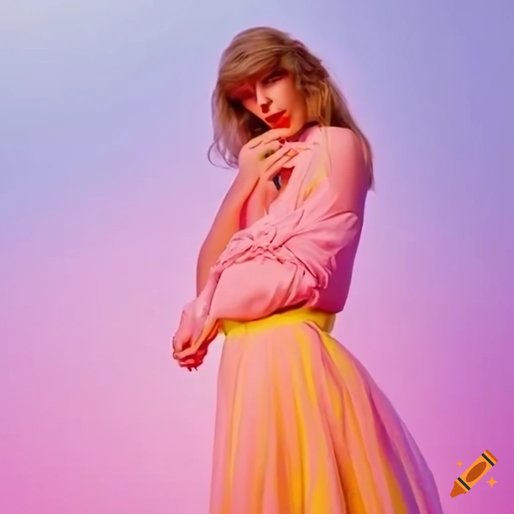 Lover (taylor's version) by taylor swift album cover. pastel pink yellow  and blue palette. bright lighting and clothing. outdoors on Craiyon