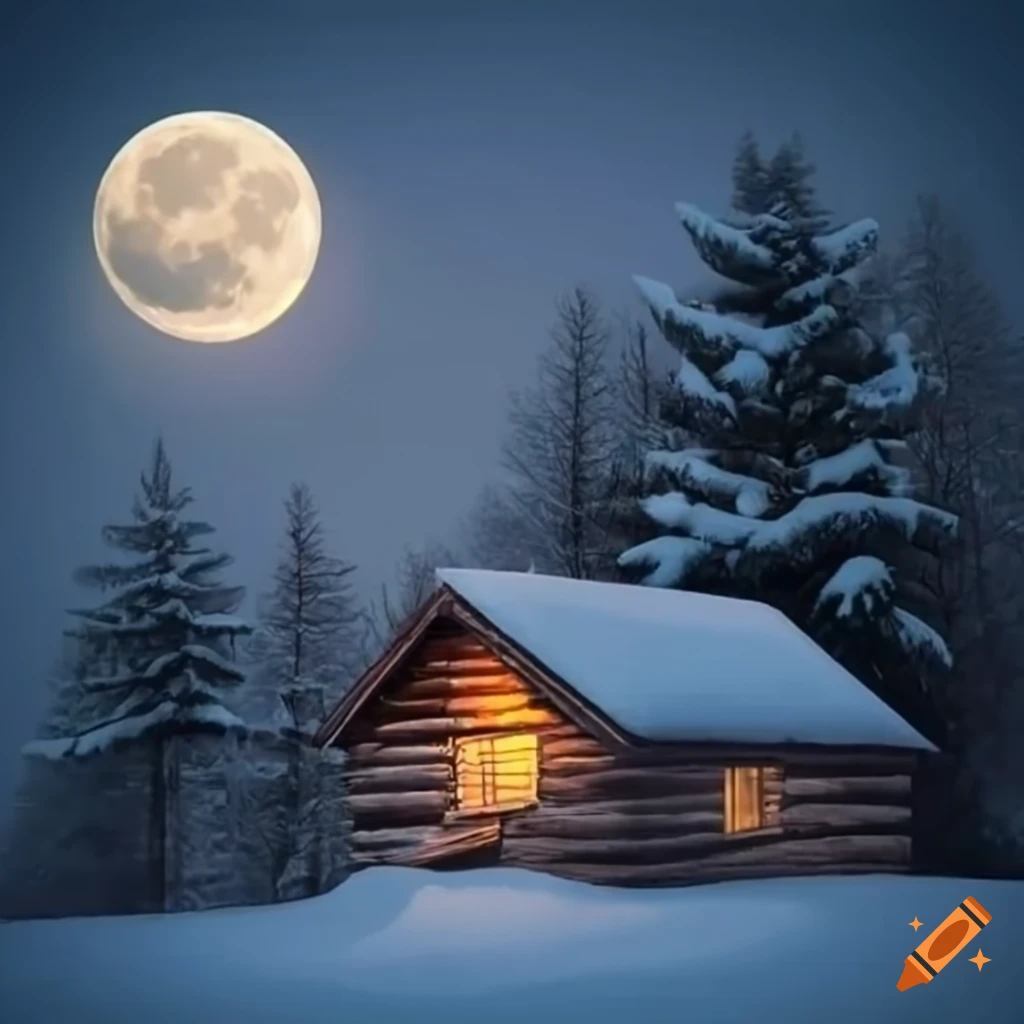 Cabin in winter time with pine trees in the distance and the moon on ...