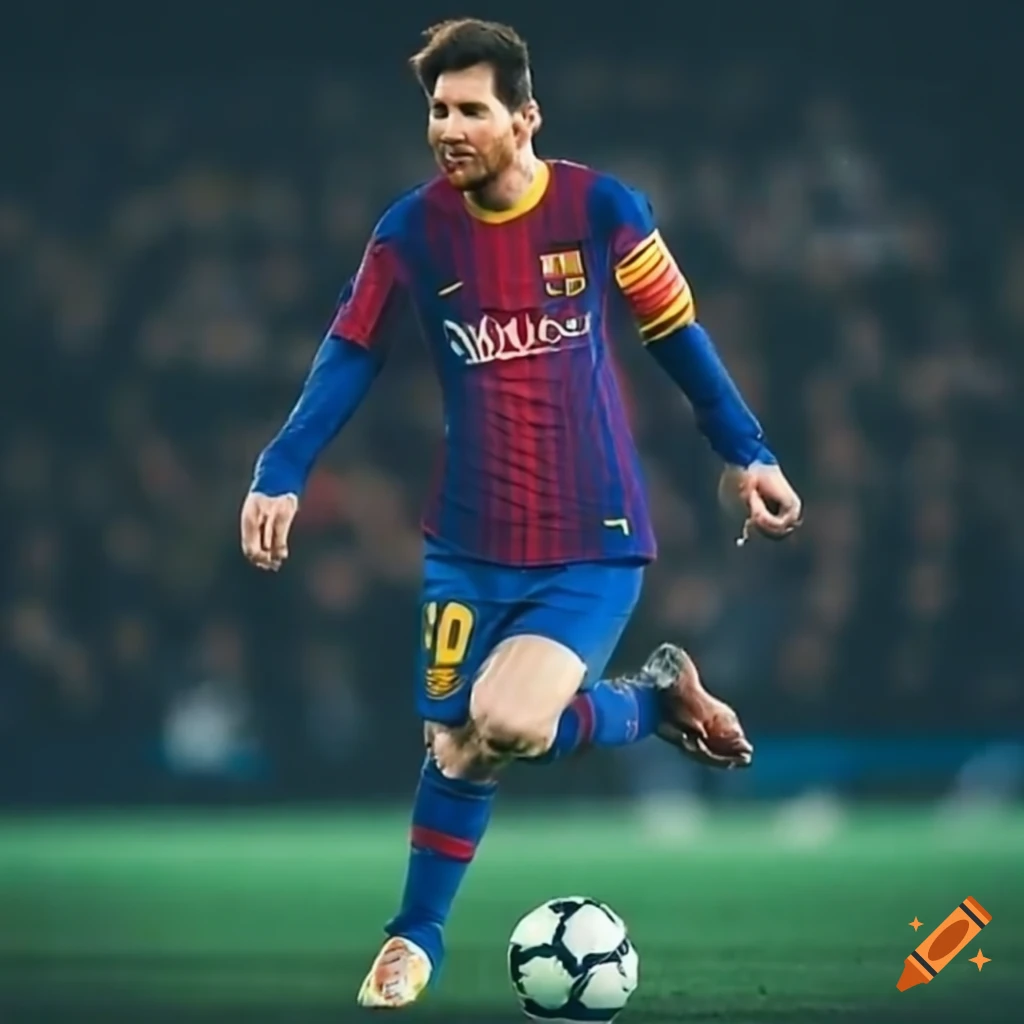 Lionel messi dribbling past defenders in a football match on Craiyon