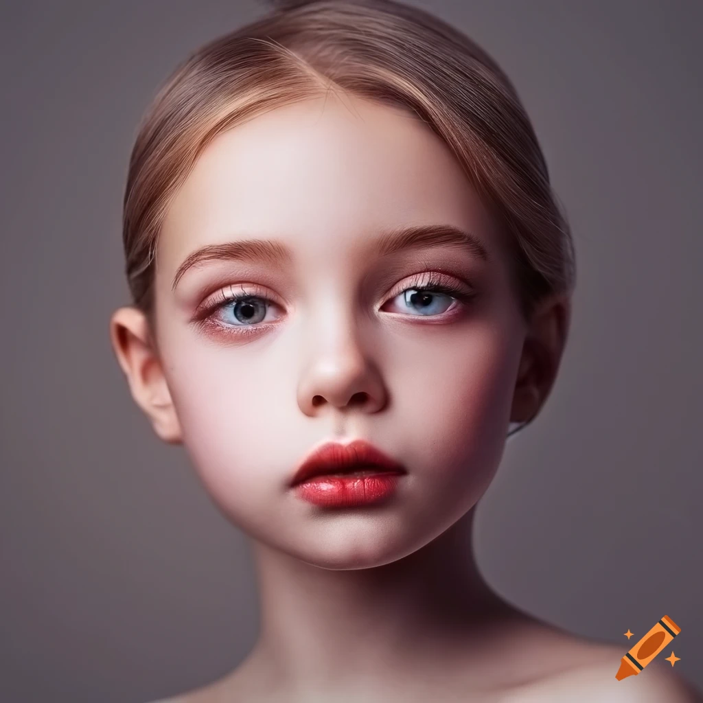 Girl age 12. face closeup. moderate makeup and lipstick. gray background