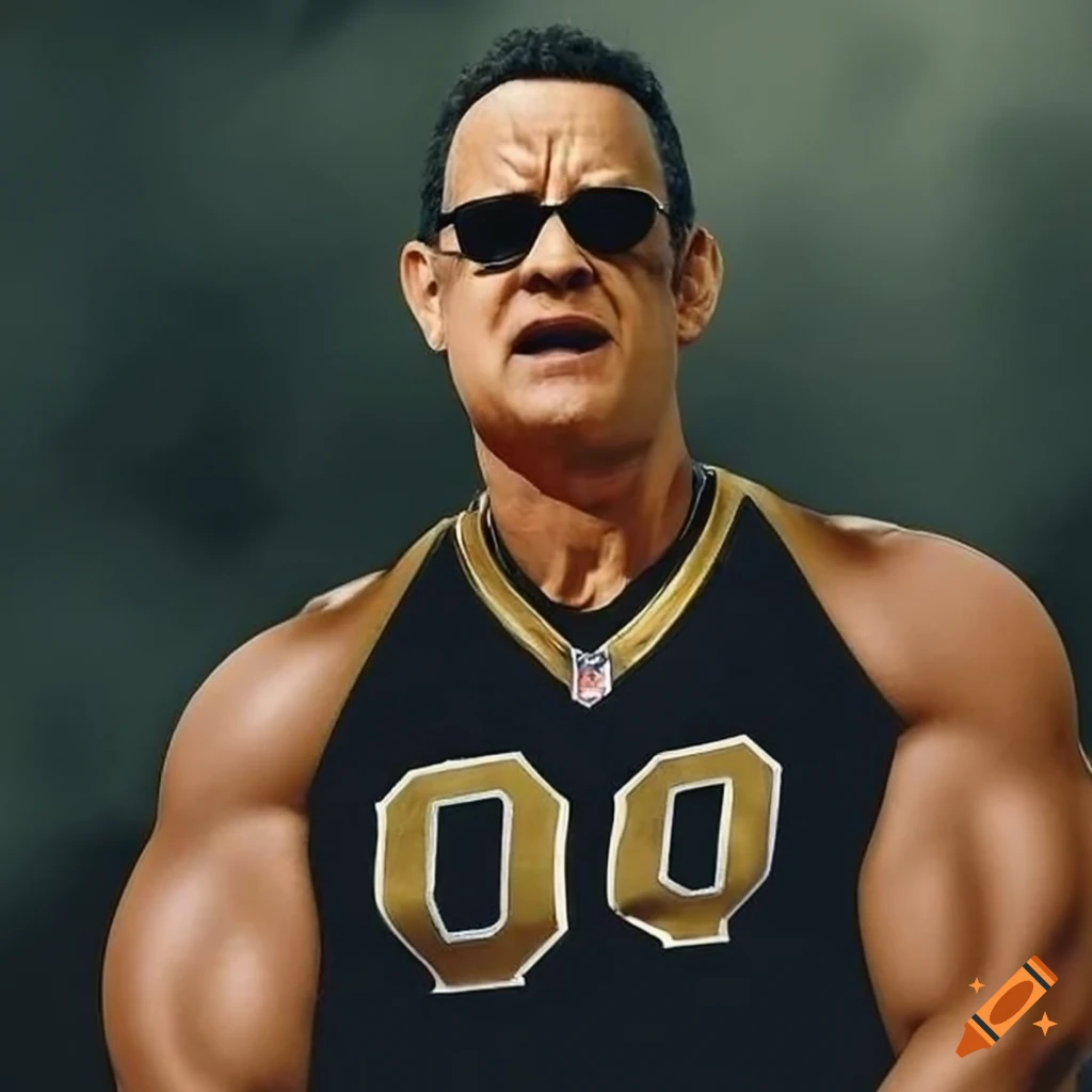tom hanks wearing sunglasses in a new orleans saints black and gold suit muscle bound