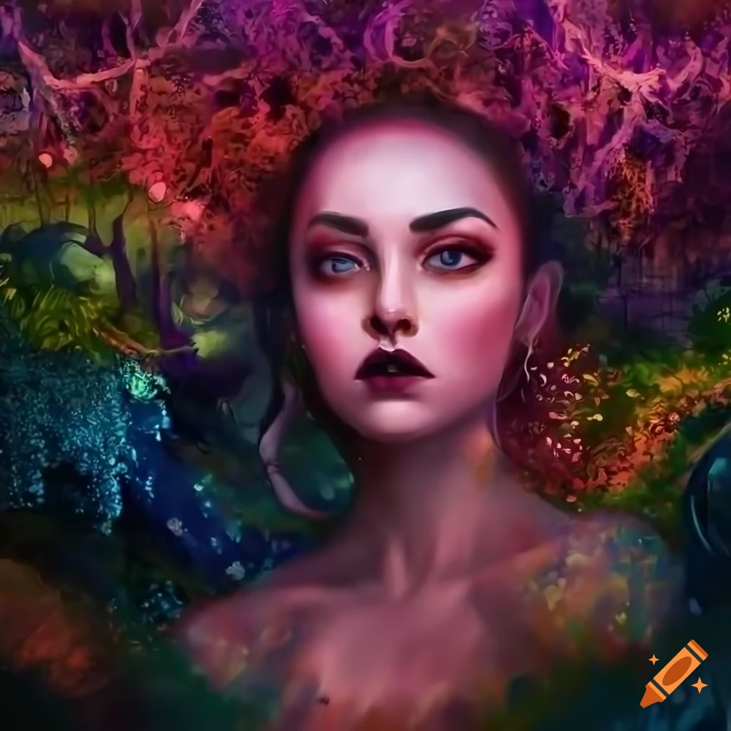 A beautiful women surrounded by trees and flora, colorful and dark, 8k