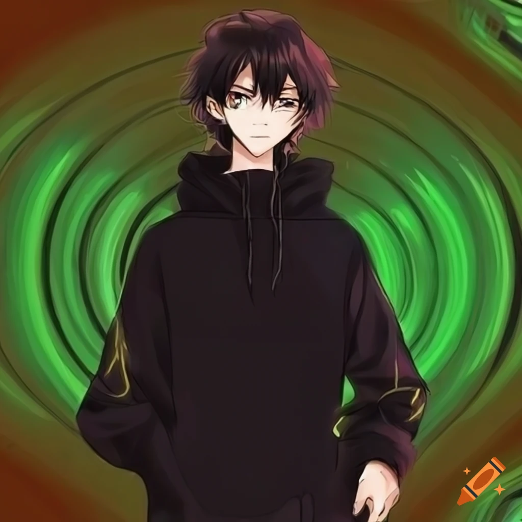 anime boy,brown hair,green eye,black hoodie