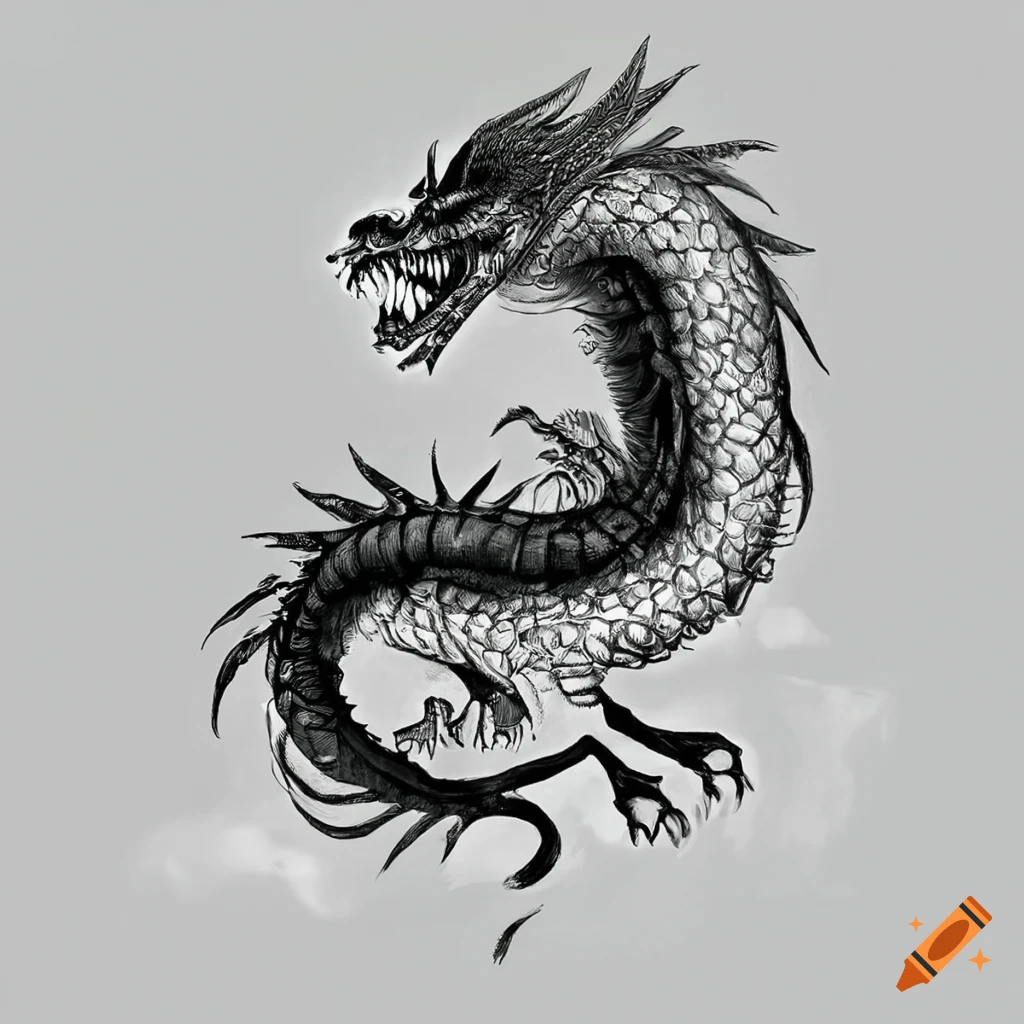 Schwarz weiß tuschezeichnung von einem chinesischen drachen on Craiyon