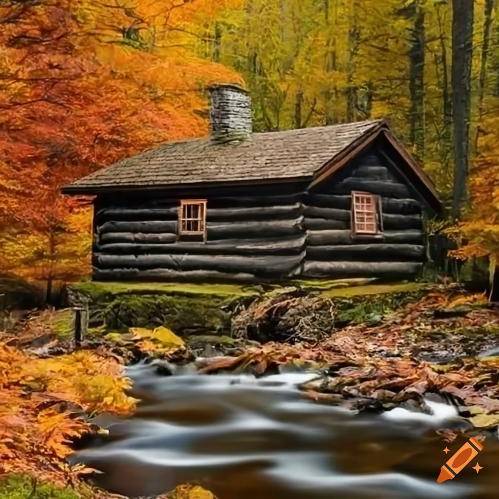 Cabin in the woods with autumn trees in background and a creek