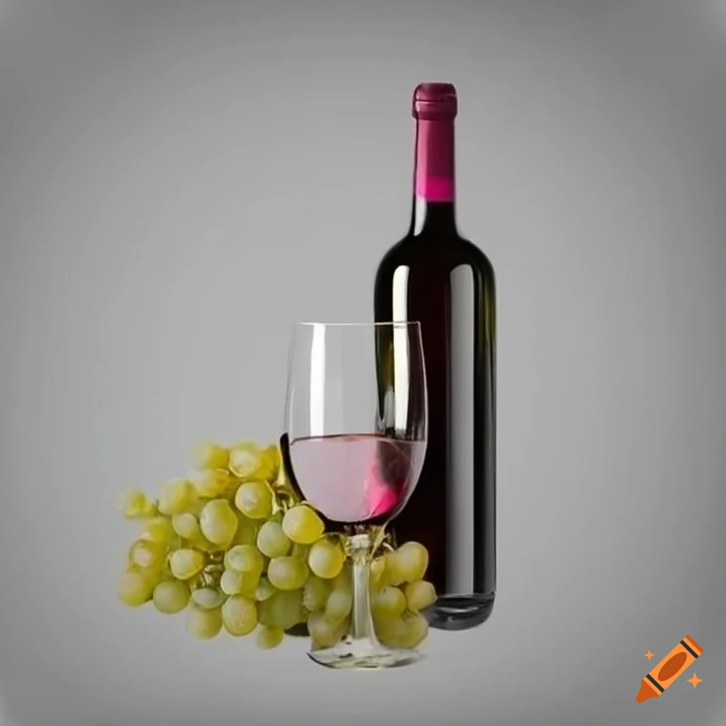 A glass of red wine with a bunch of grapes and bottle wine