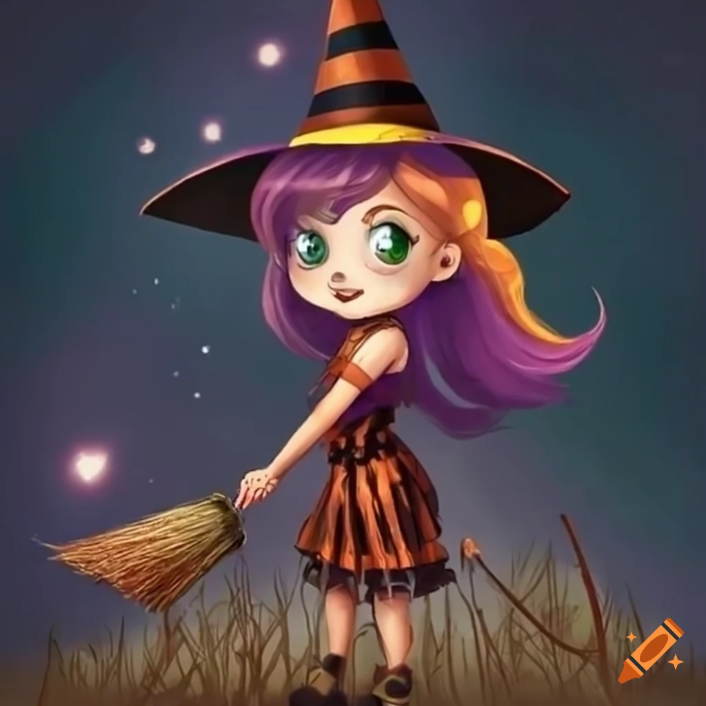 A cute little witch riding a broom on Craiyon