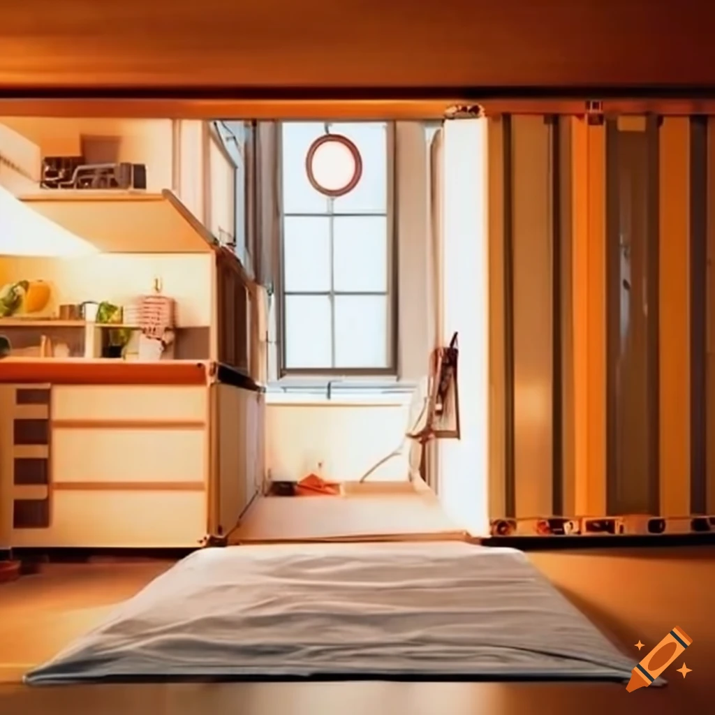 Inside shipper container house bed bathroom kitchen on Craiyon