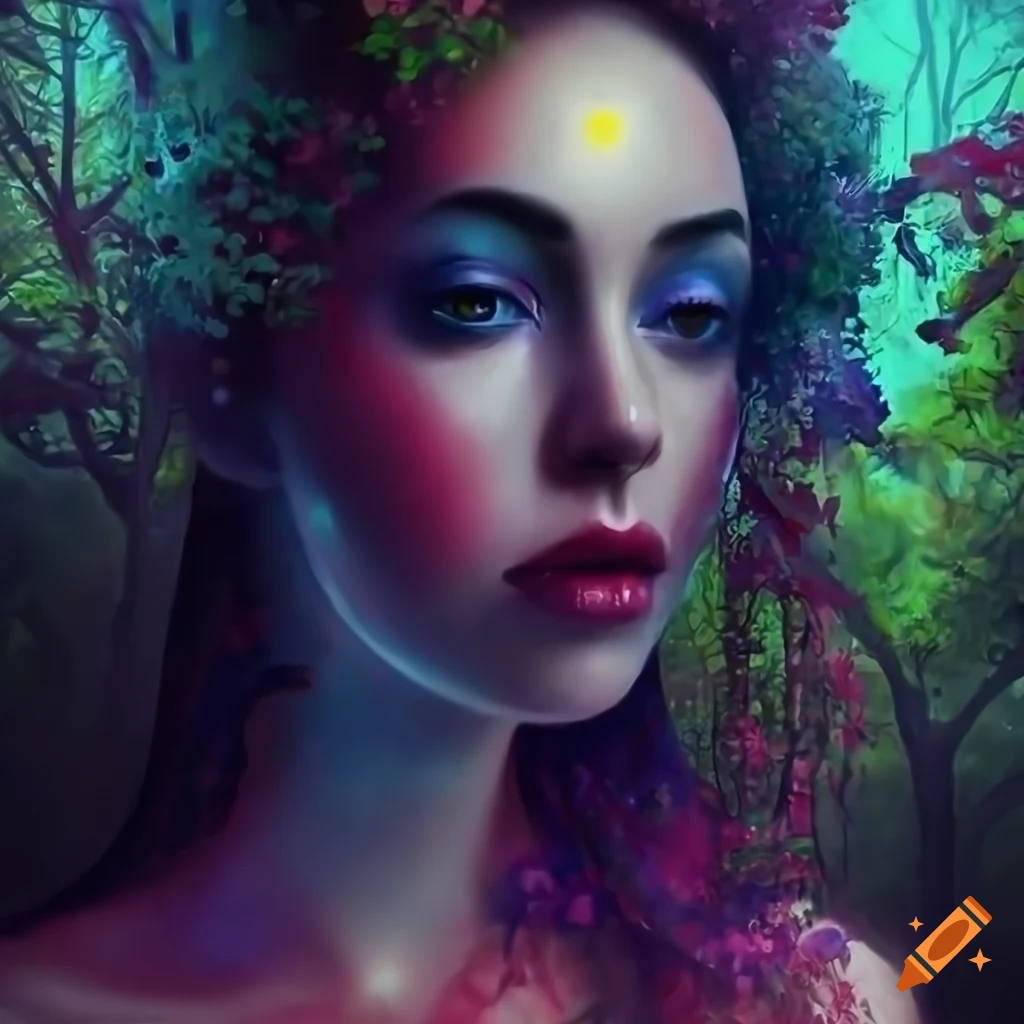 A beautiful women surrounded by trees and flora, colorful and dark, 8k