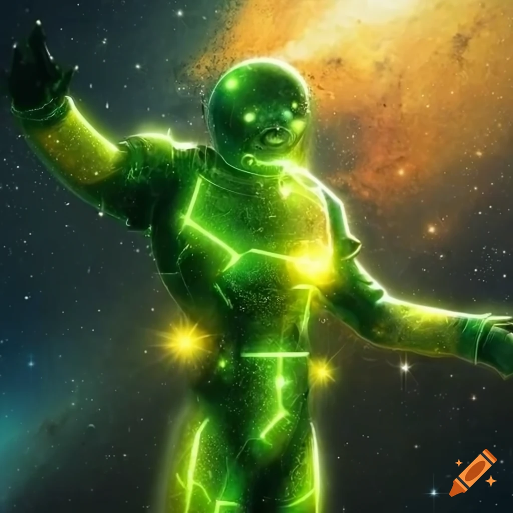 green yellow cosmic soldier, galaxy background