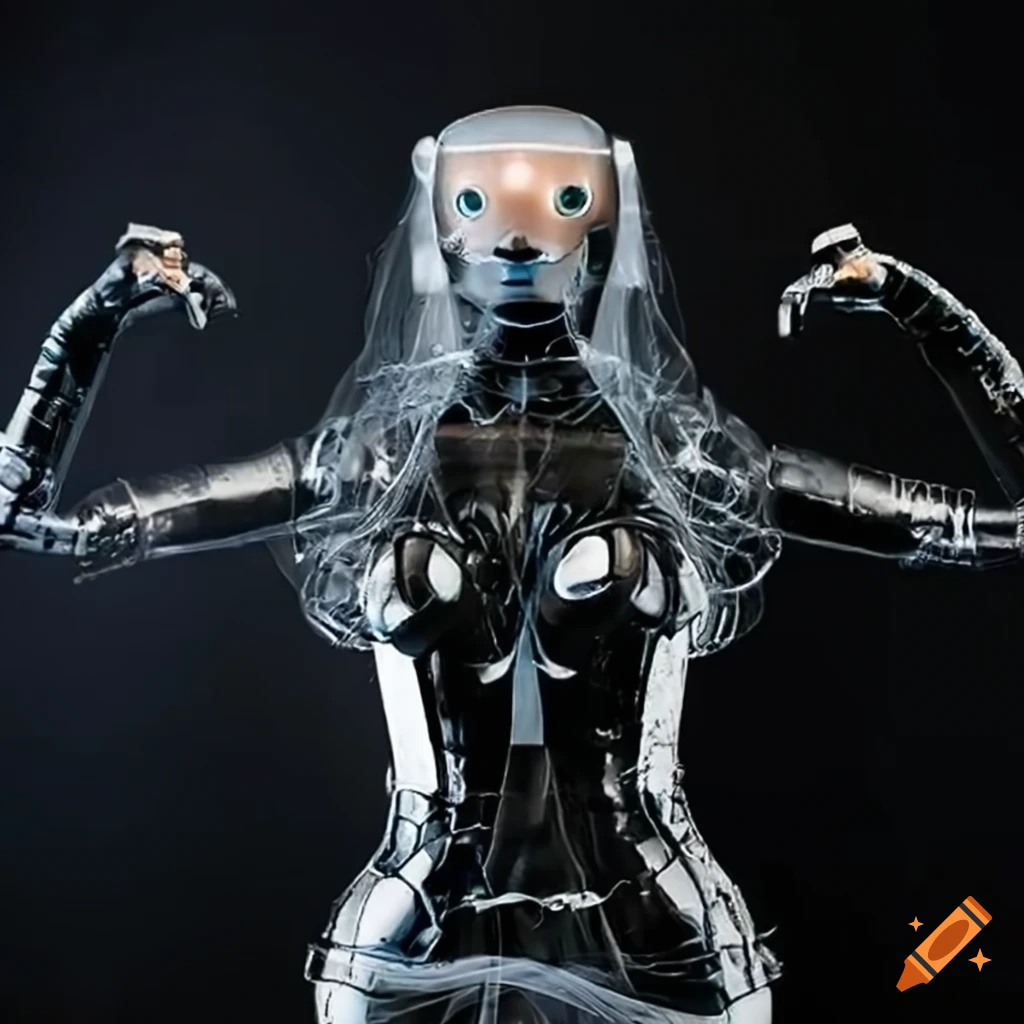 Transparent Female robot wearing black rubber suit