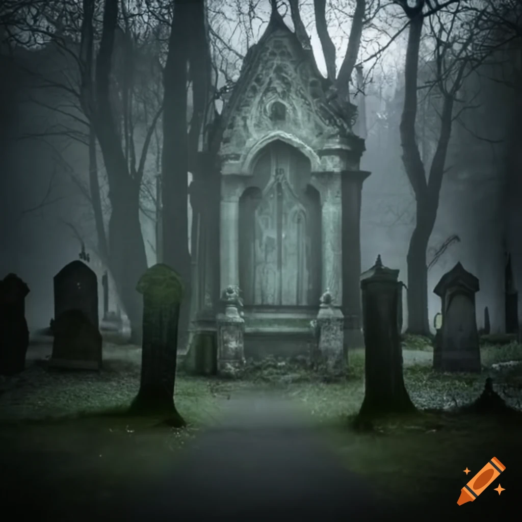 Dark foggy creepy graveyard