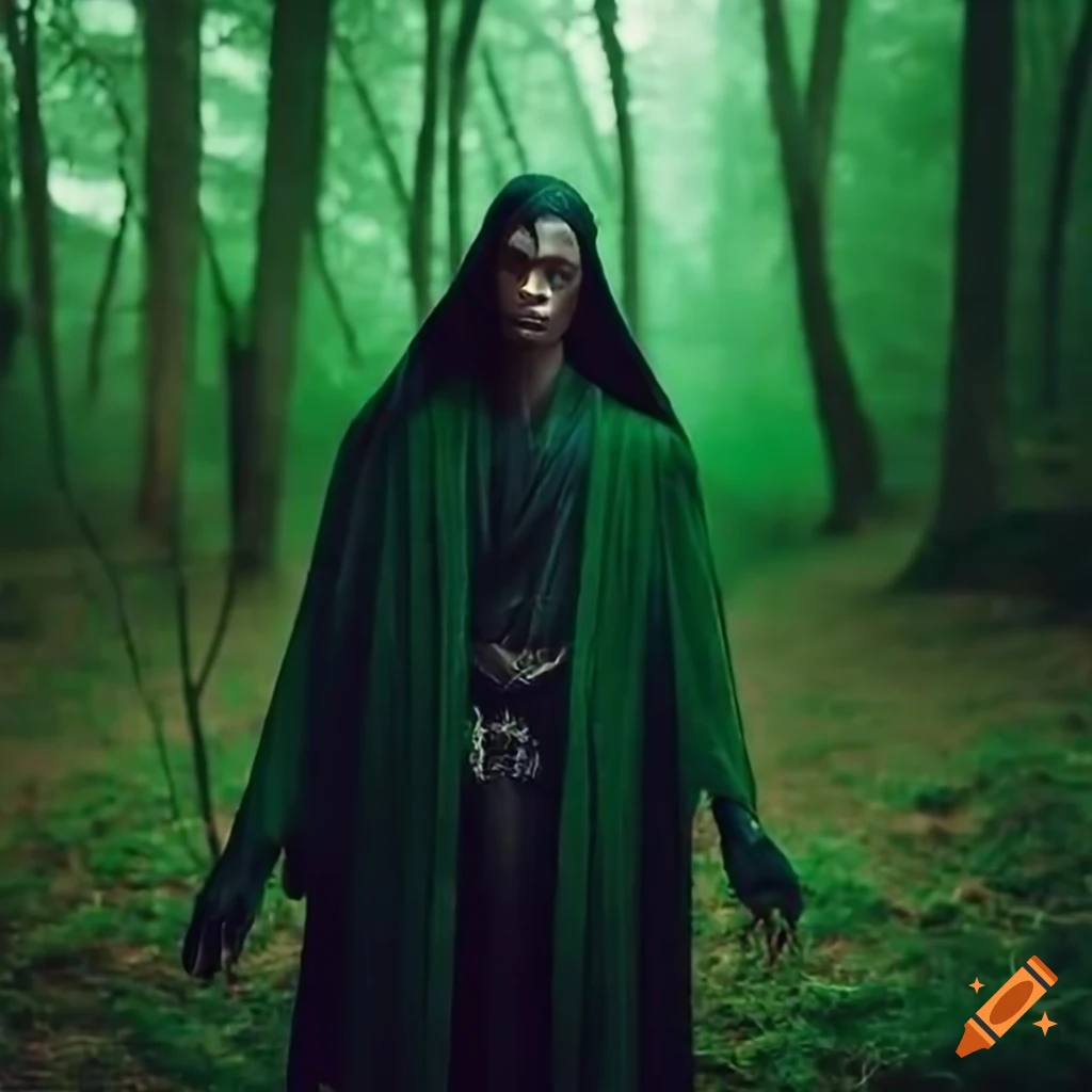 a young elven man with dark skin wizard clothes in a forest. Green lightning power