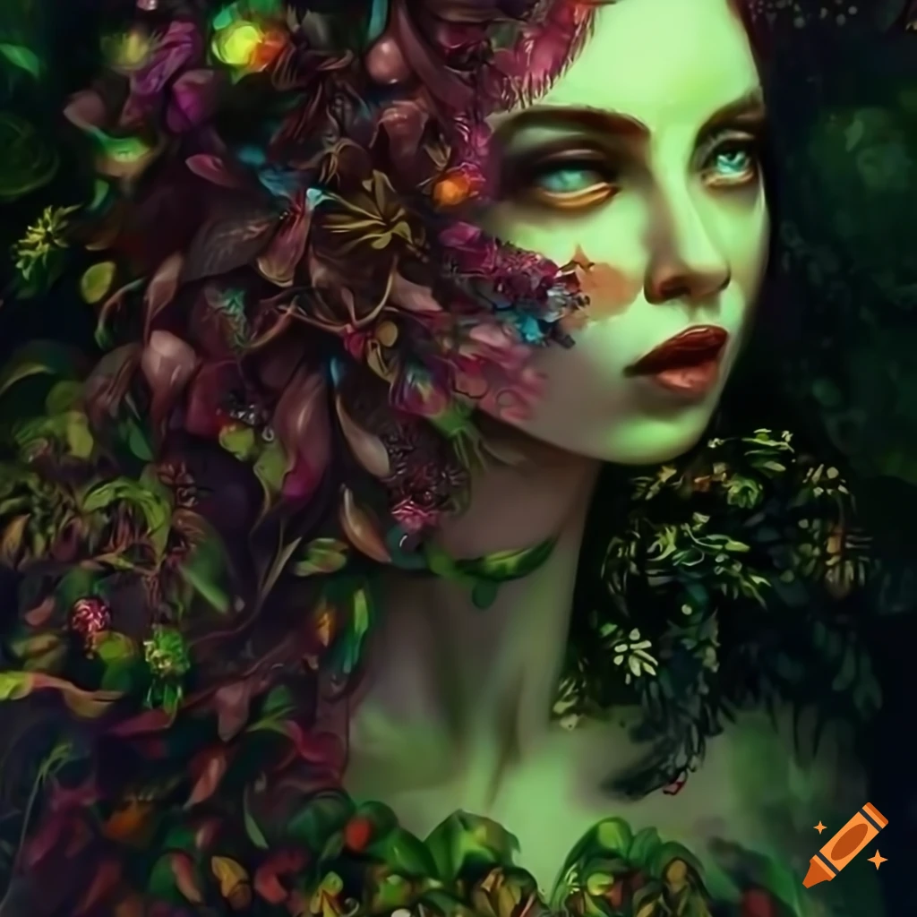 A beautiful women surrounded by trees and flora, colorful and dark, 8k