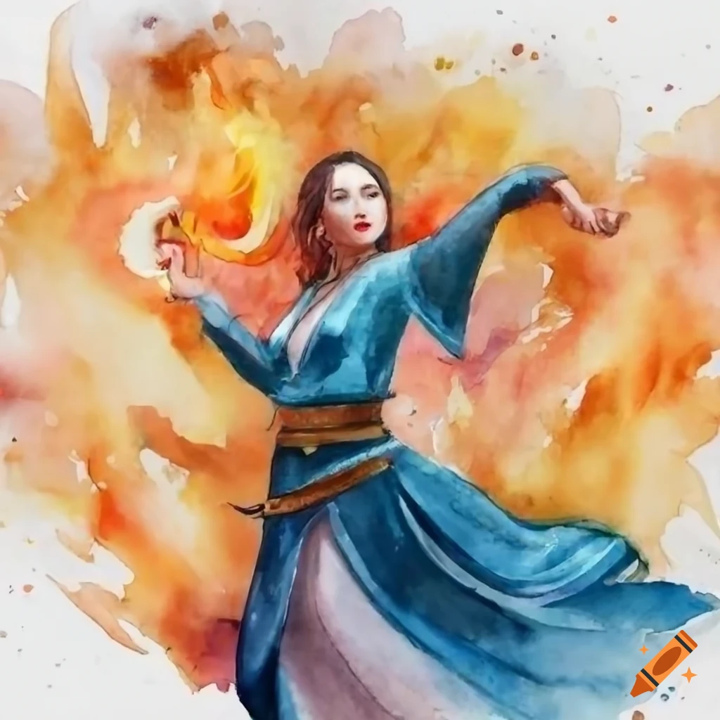 A watercolor painting of a pretty female wizard character in a fantasy setting, throwing a firetail on white background, blond hair, dancing fire, asian dance, right face, flowing fire