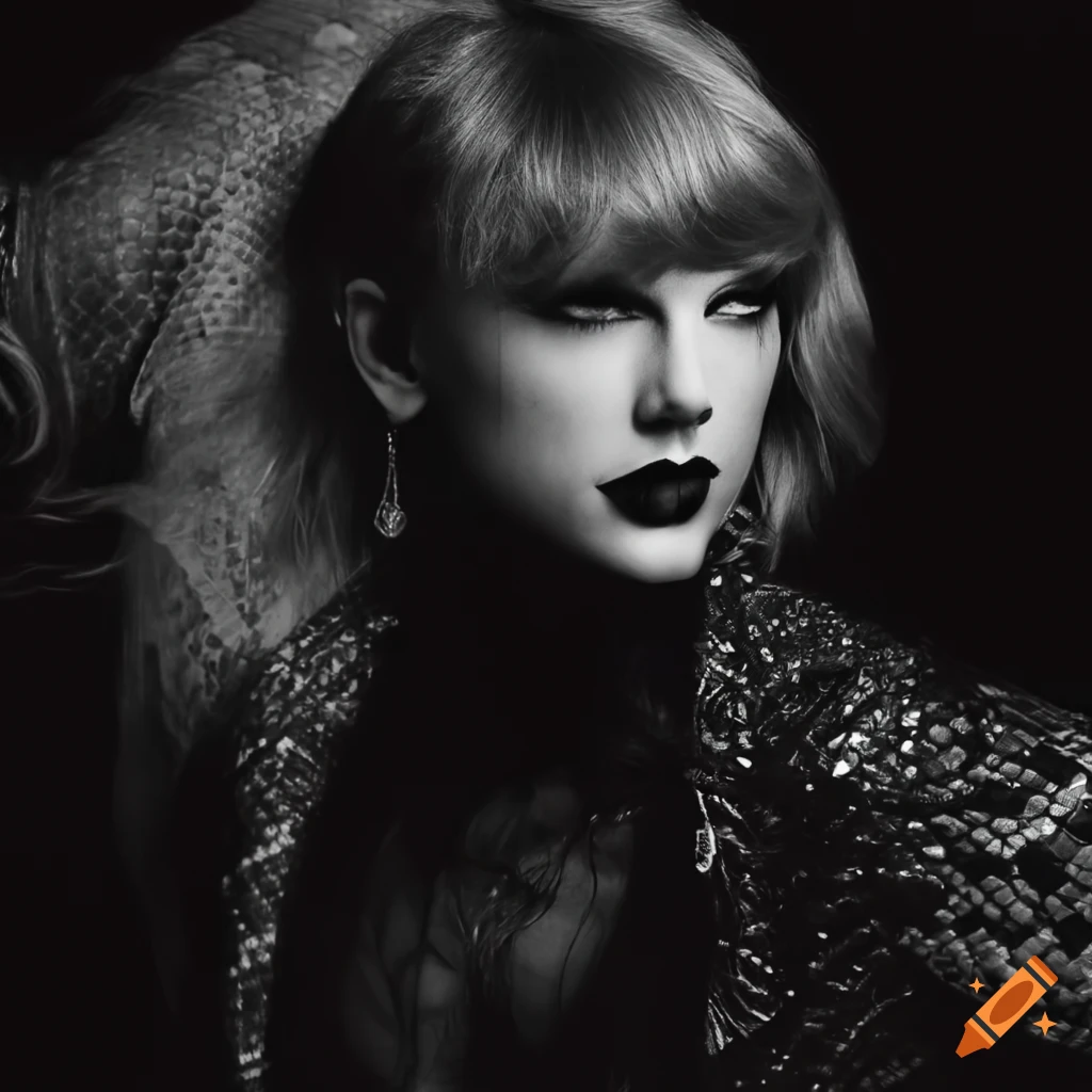 Reputation (taylor's version) by taylor swift album cover. black and white  color palette with snakes and newspapers. dark clothing and makeup and  angry pose on Craiyon